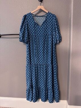 Blue Printed V-Neck Tiered Midi Dress large